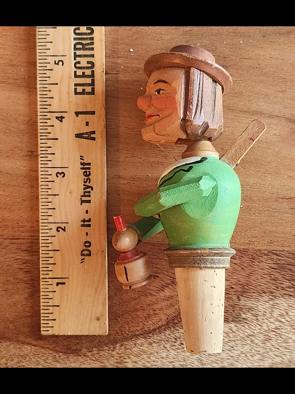 Vintage ANRI Hand Carved Folk Art Wooden Pull-String Cork Bottle Stopper